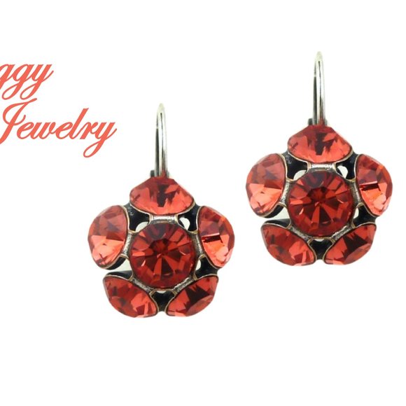 Padparadscha Flower Cluster Drop Earrings Made with Genuine Austrian Crystals - Picture 1 of 6